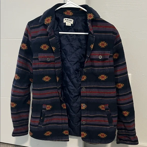 Ariat Navy Quilted Southwestern Pattern Shirt Jacket - Picture 1 of 3